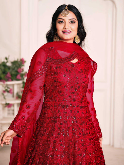 Red Net Designer Anarkali Suit