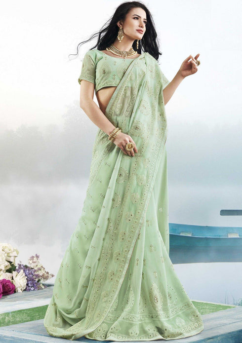 Light green coloured Georgette Saree with Lakhnavi Work Border