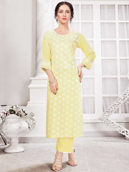 Yellow Rayon Lakhnavi Kurti with Pants