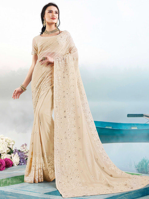 Cream coloured Georgette Saree with Lakhnavi Work Border