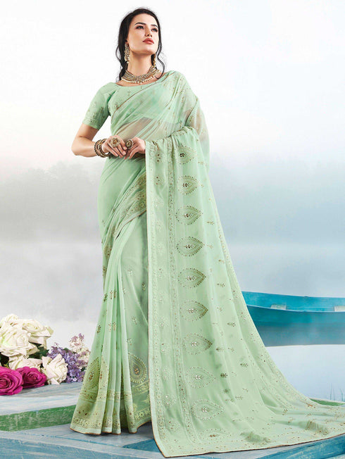 Light green coloured Georgette Saree with Lakhnavi Work Border