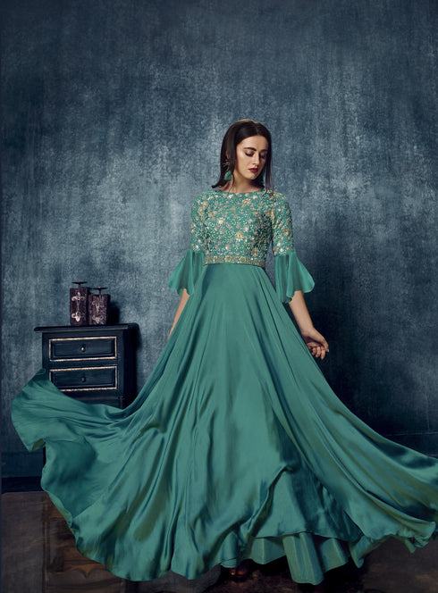 Teal Modal Satin Zari Work Gown with Dupatta