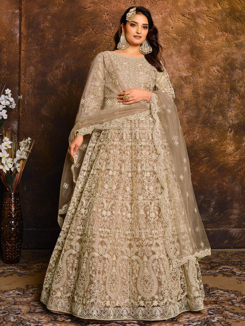 Beige Net Designer Anarkali Suit