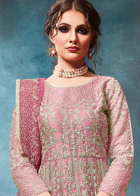 Net Embroidered Anarkali Salwar Suit In Pink