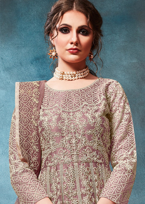 Net Embroidered Anarkali Salwar Suit In Mauve