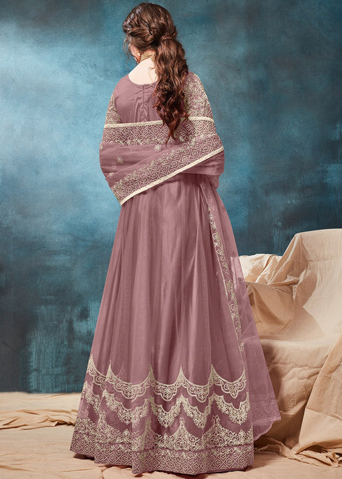 Net Embroidered Anarkali Salwar Suit In Mauve