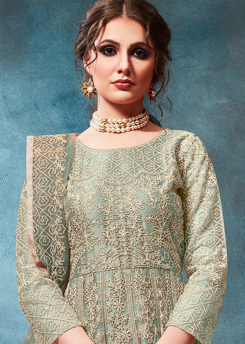 Net Embroidered Anarkali Salwar Suit In Light Green