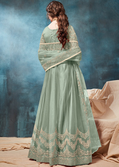 Net Embroidered Anarkali Salwar Suit In Light Green