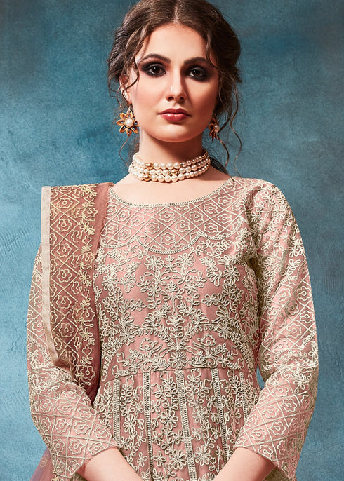 Net Embroidered Anarkali Salwar Suit In Peach