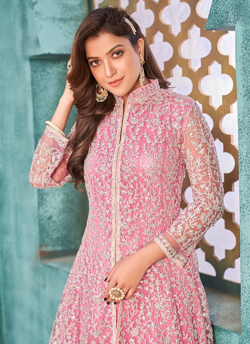 Pink Designer Floor Length Cord Sequins Net Salwar Suit