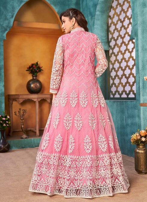 Pink Designer Floor Length Cord Sequins Net Salwar Suit