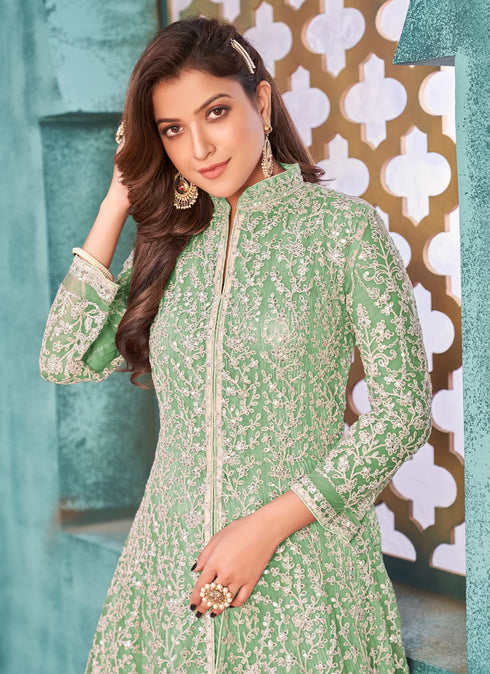 Green Designer Floor Length Cord Sequins Net Salwar Suit