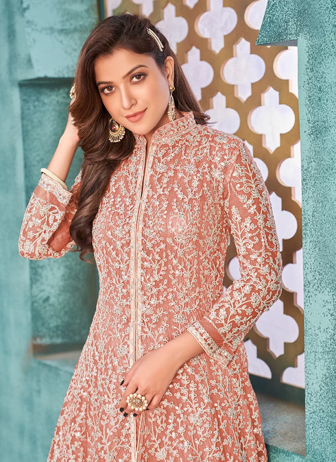 Peach Designer Floor Length Cord Sequins Net Salwar Suit