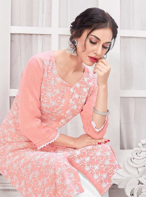 Peach Rayon Lakhnavi Kurti with White Pants