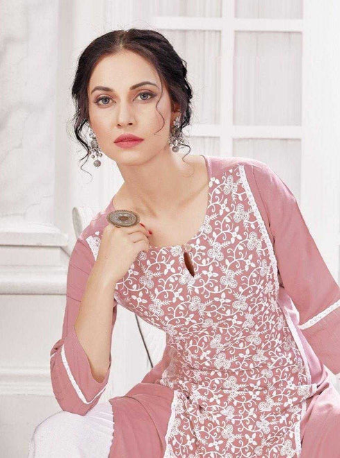 Baked Pink Rayon Lakhnavi Kurti with White Pants