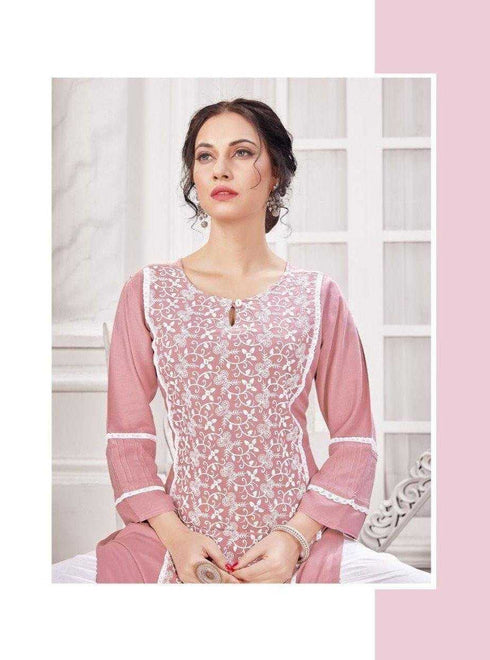 Baked Pink Rayon Lakhnavi Kurti with White Pants